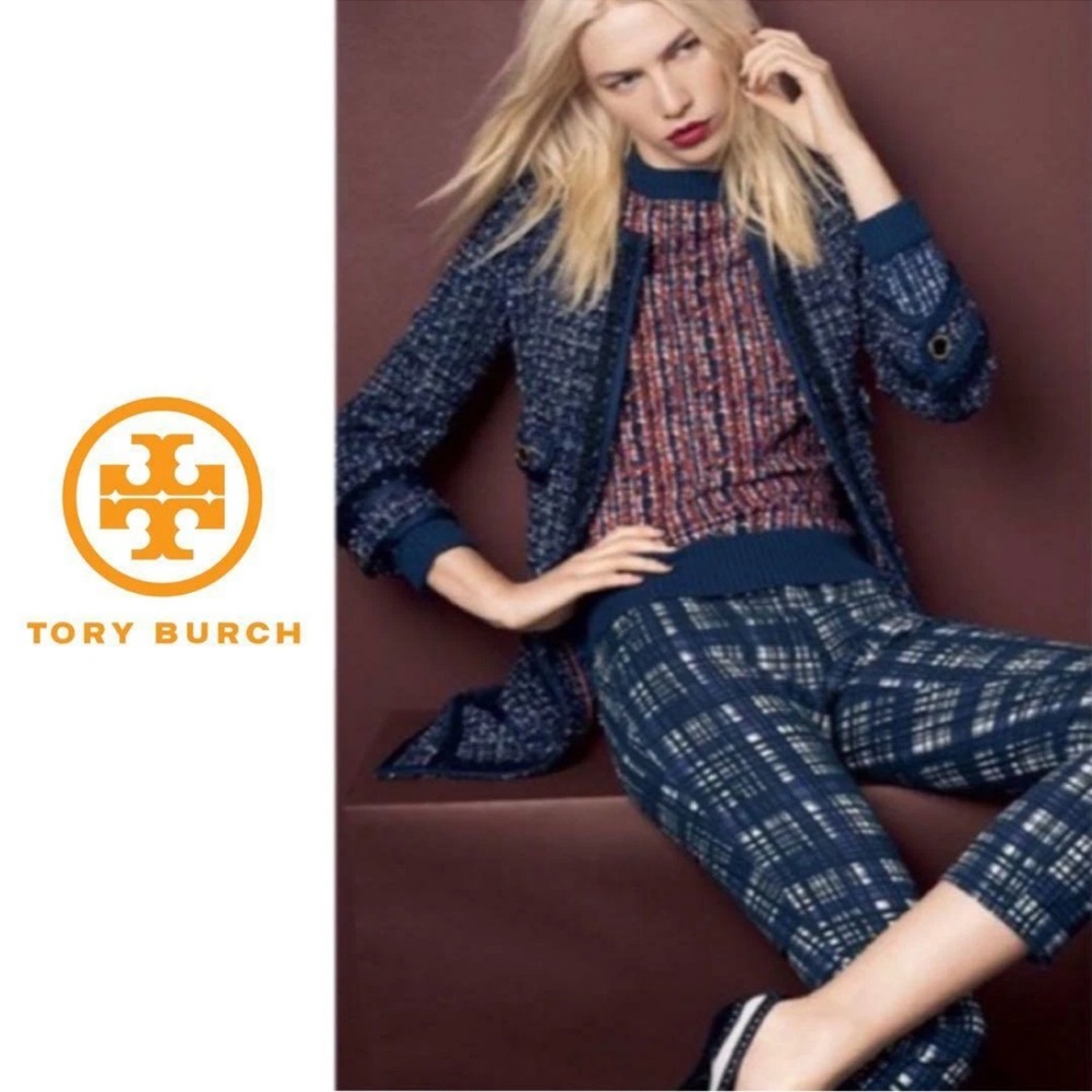 Tory Burch Blue and White Plaid Conner Skinny Jeans